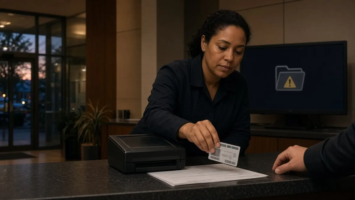 Car-rental counter at dusk with a clerk scanning a face-down ID card beside a darkened monitor