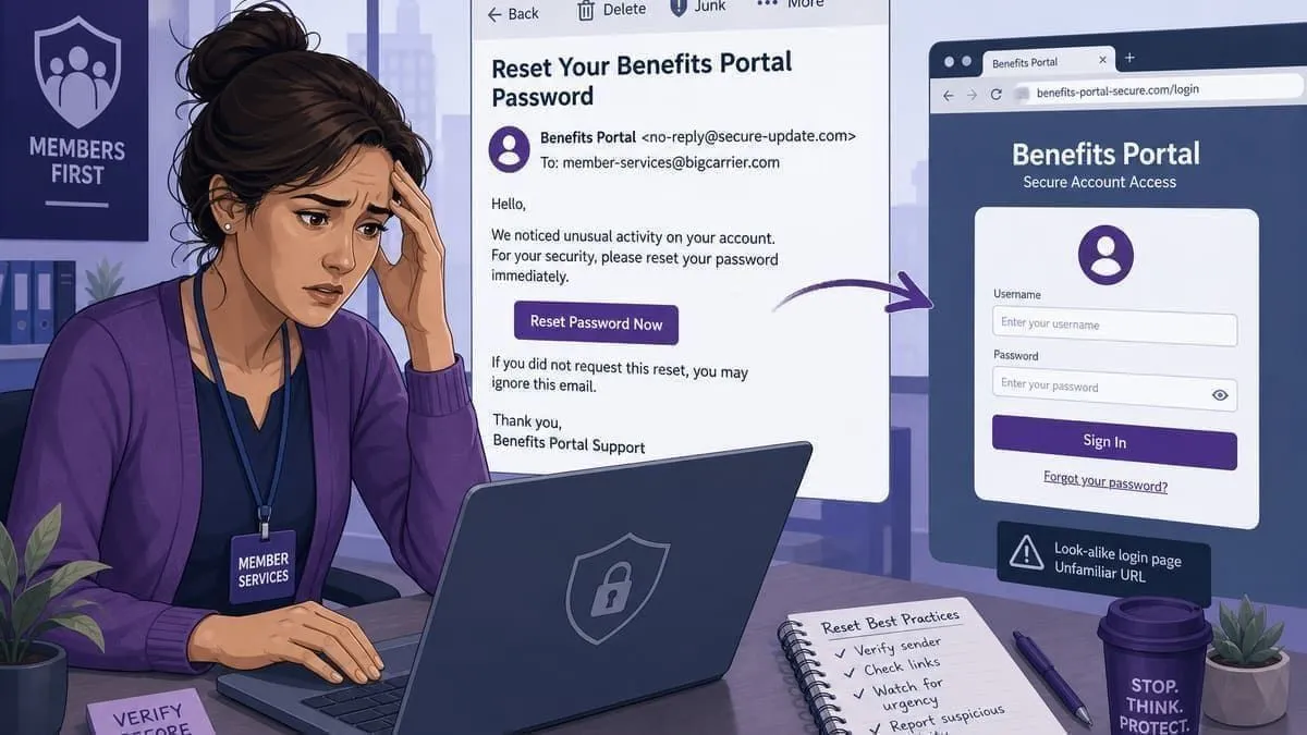 Illustration: policyholder service rep facing a fake benefits reset email
