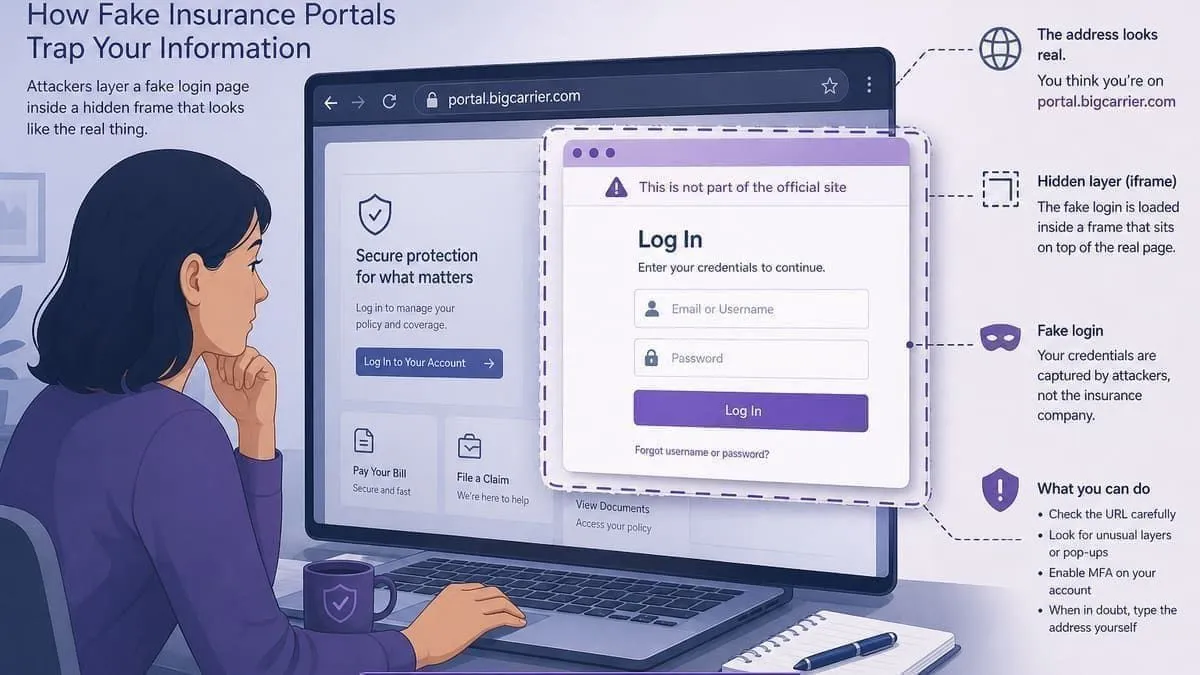 Illustration: policyholder caught on a fake insurance portal page