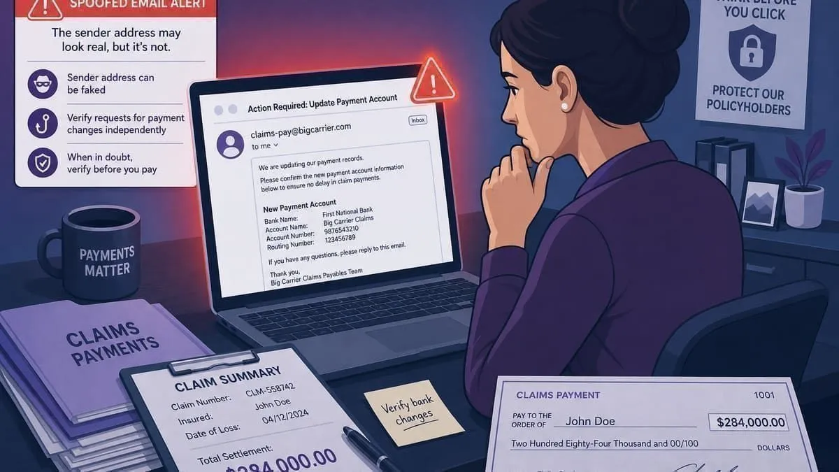 Illustration: claims processor reviewing a spoofed payment account change