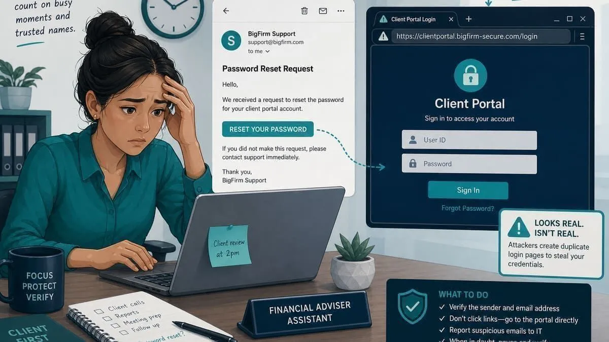 Illustration: brokerage associate facing a fake client portal reset