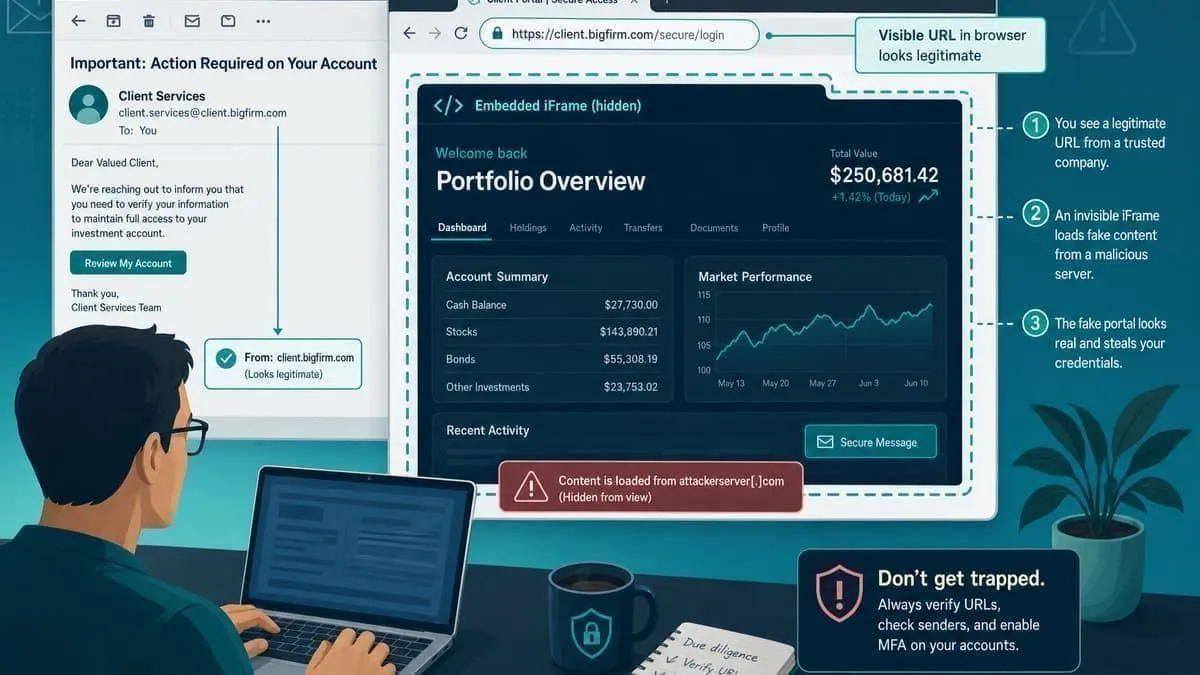 Illustration: investor trapped on a fake client portal verification page