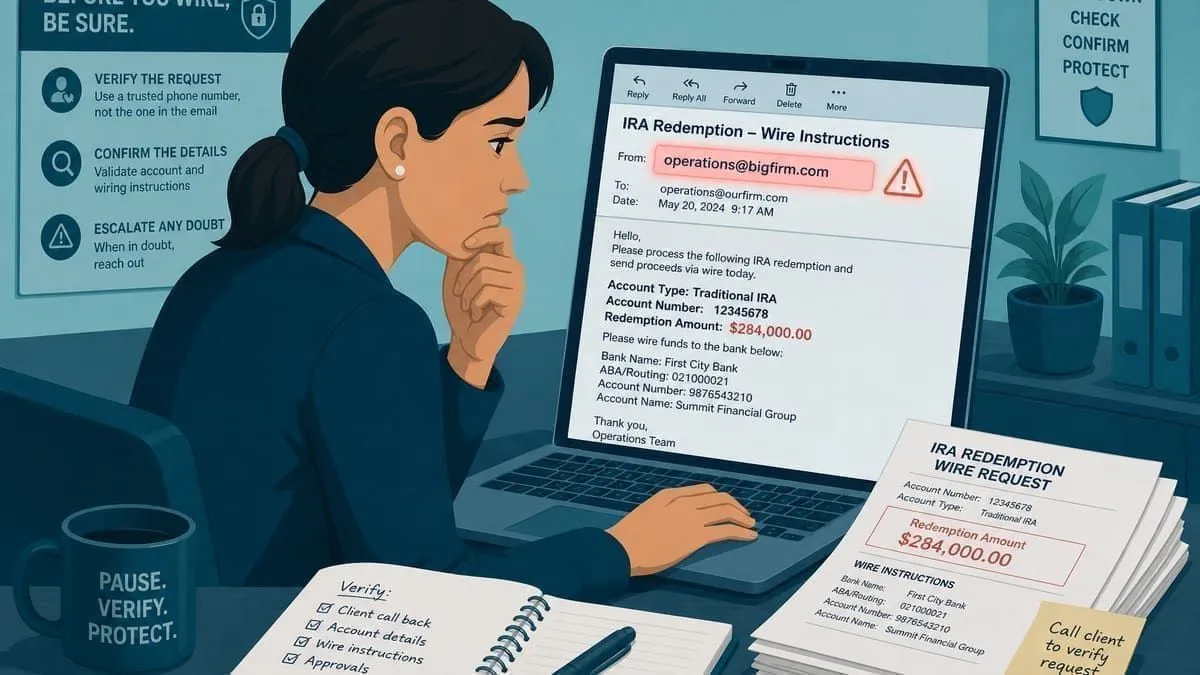 Illustration: adviser operations reviewing a spoofed distribution request