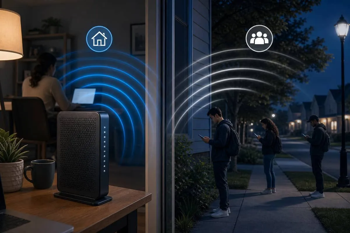 Illustration: ISP gateway in a home broadcasting private Wi-Fi and a public xfinitywifi hotspot to neighbors