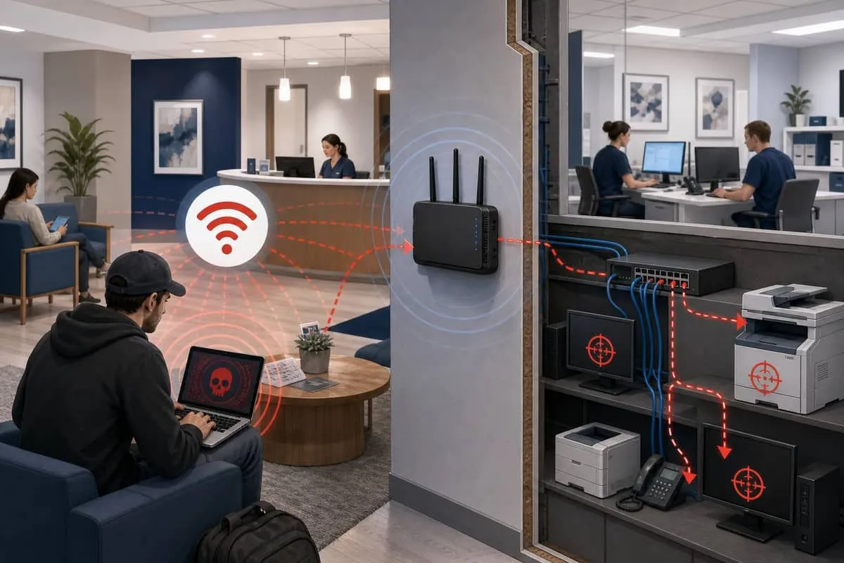 Illustration: office router broadcasting public CableWiFi while attacker on public Wi-Fi probes staff printers on shared hardware