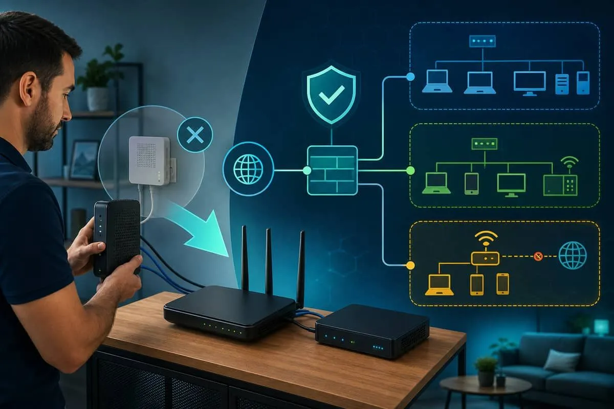 Illustration: IT admin replacing ISP rental gateway with customer-owned router and segmented VLANs