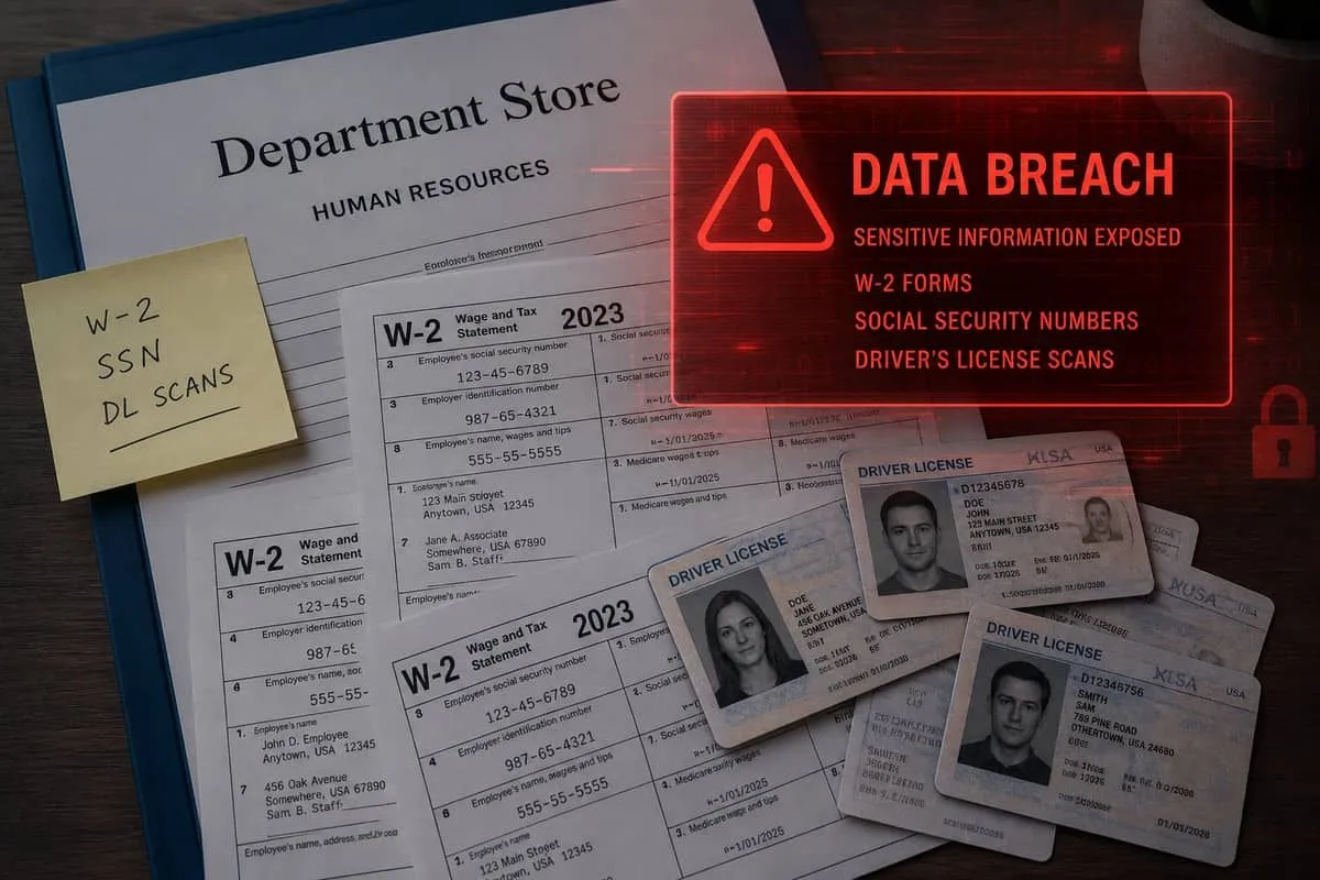Illustration: retail employee W-2 tax forms Social Security numbers and government ID scans exposed in HR breach