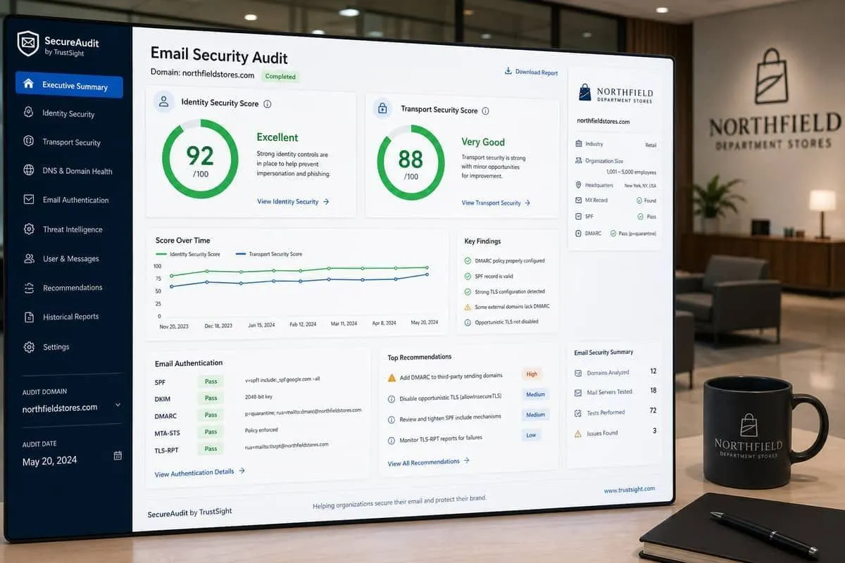 Illustration: jcpenney.com email security audit showing transport and website gaps after ShinyHunters HR leak