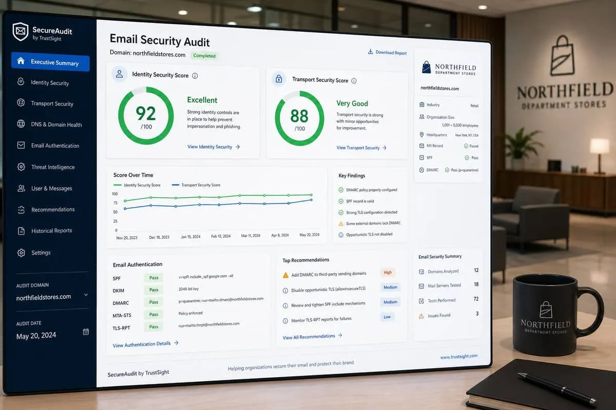 Illustration: jcpenney.com email security audit showing transport and website gaps after ShinyHunters HR leak