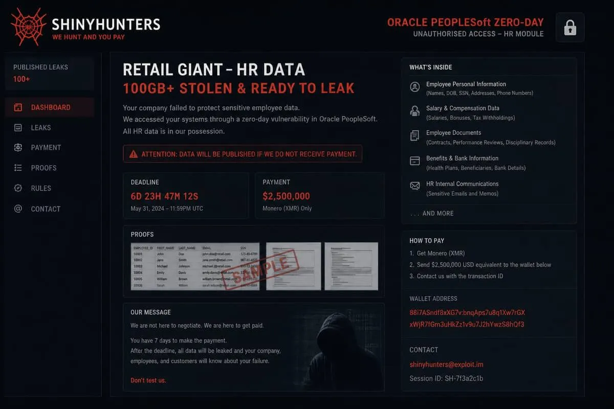 Illustration: ShinyHunters pay-or-leak extortion dashboard threatening retail HR and PeopleSoft employee data