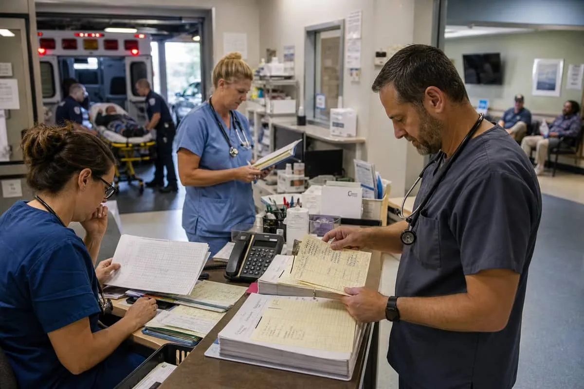 Clinicians using paper charts during an electronic-record outage