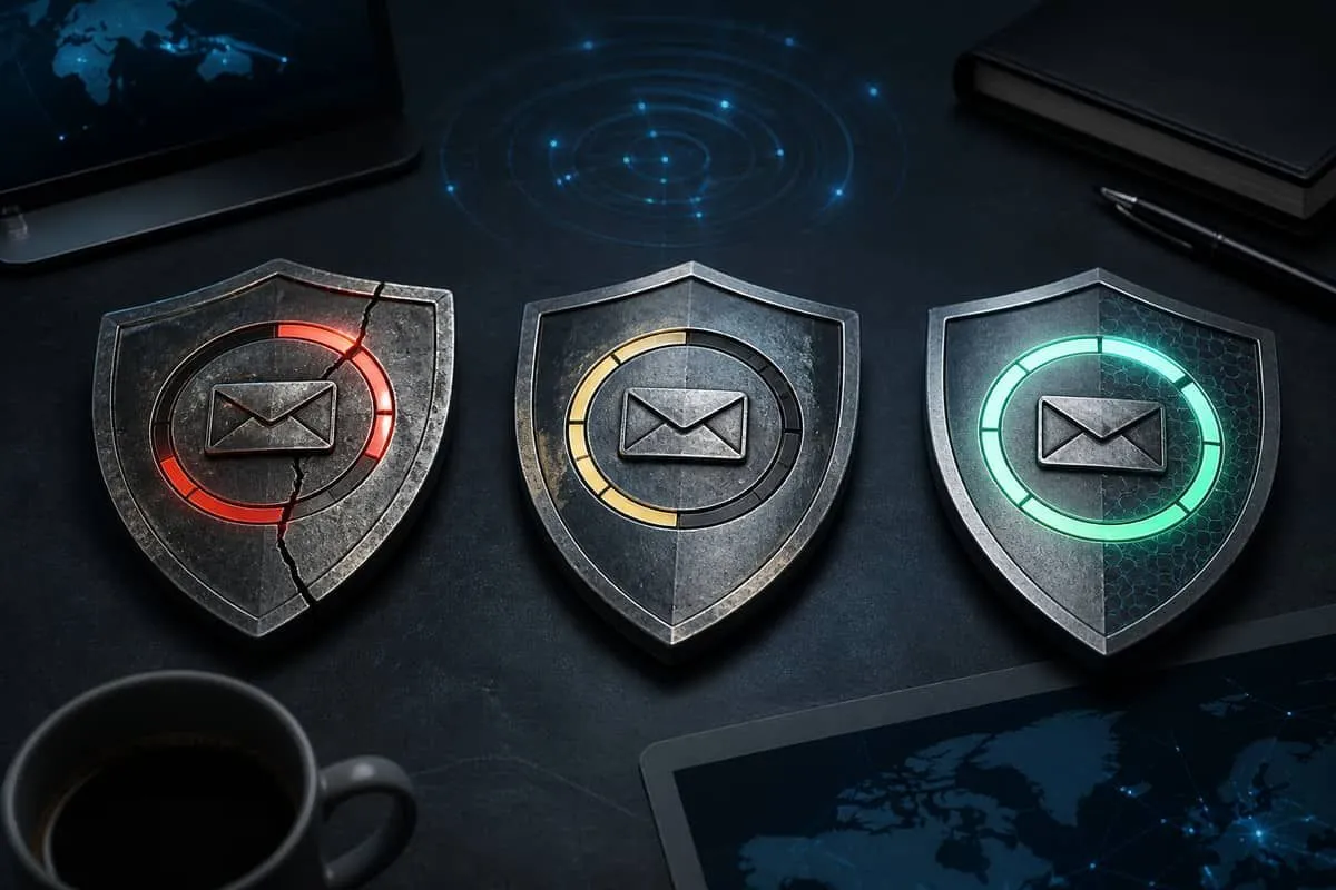 Domain-audit shield metaphor for hospital email security scores