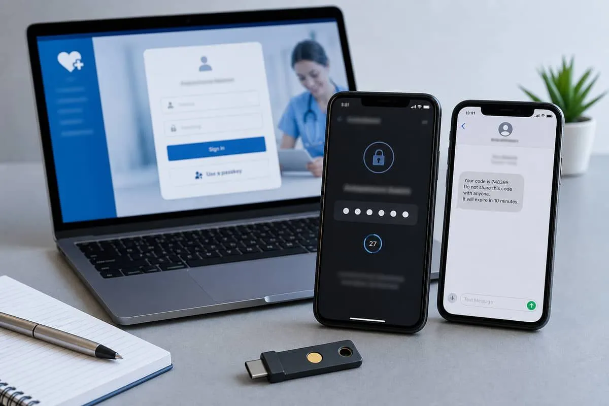 Hardware security key and authenticator app beside a weak SMS one-time code