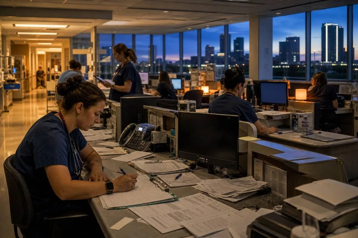 Hospital nurses station with paper charts while computer monitors sit dark during a network downtime