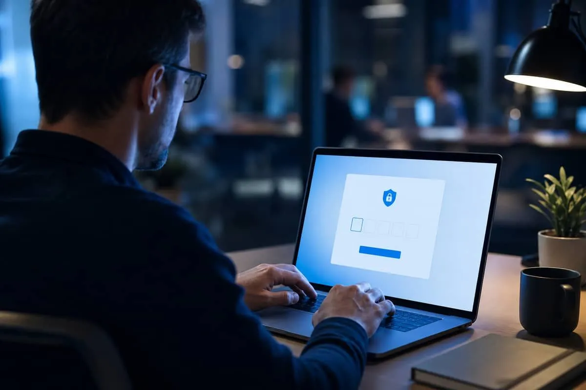 Illustration: employee entering device code on Microsoft login page