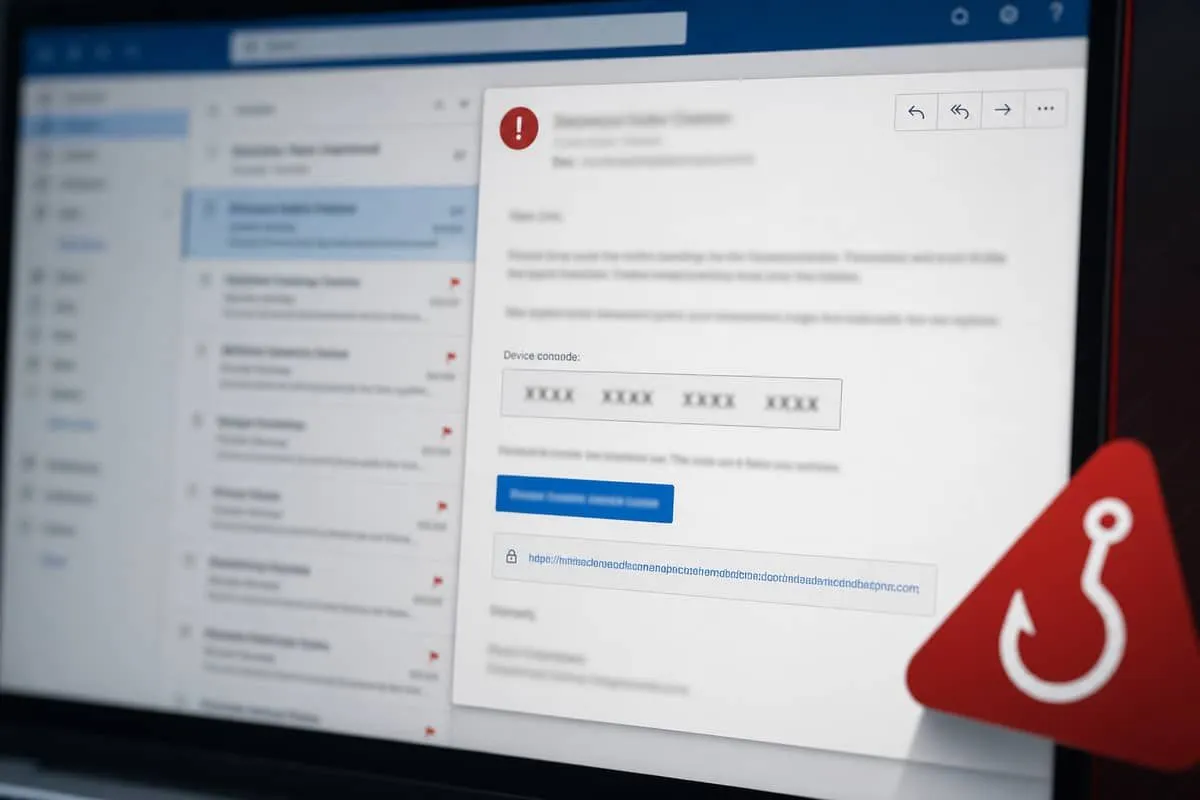Illustration: employee receiving phishing email with Microsoft device code