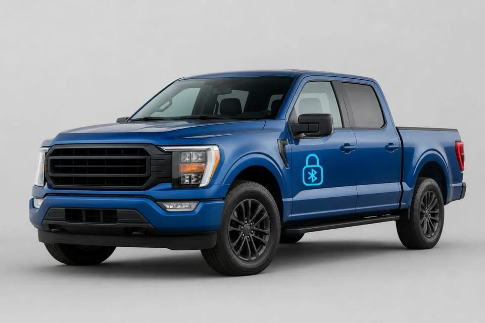 Representative Ford-style pickup with aftermarket Bluetooth unlock risk highlighted