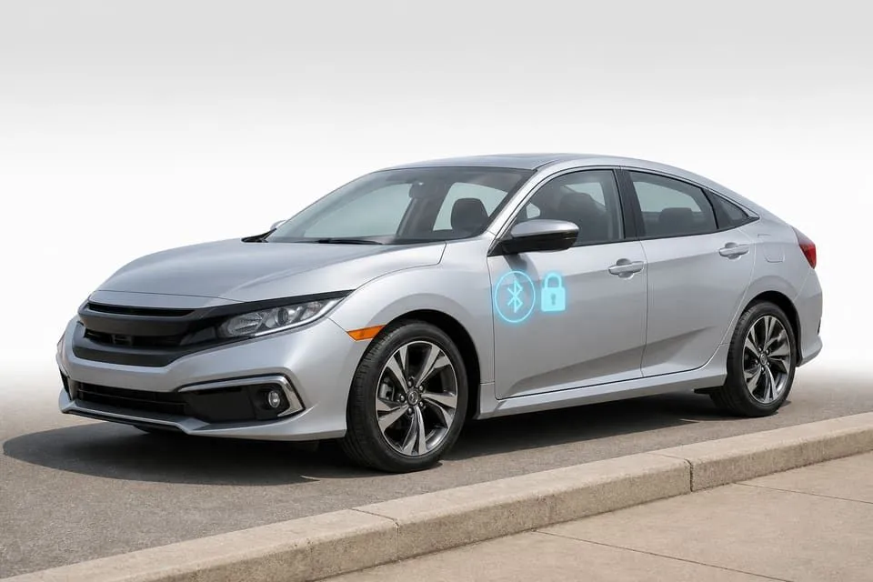 Representative Honda-style compact sedan with aftermarket Bluetooth unlock risk highlighted