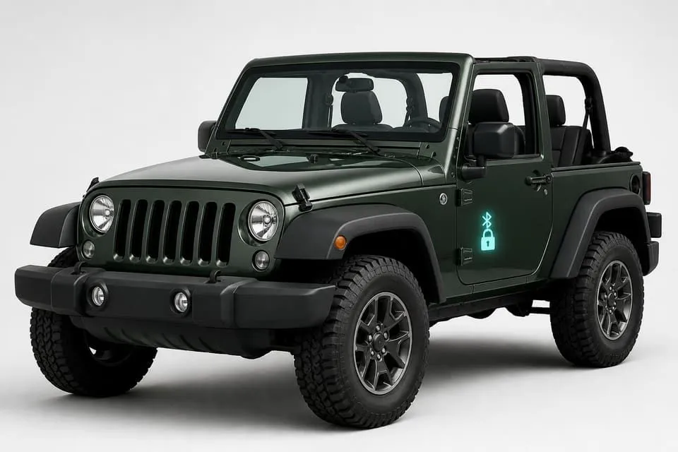 Representative Jeep-style SUV with aftermarket Bluetooth unlock risk highlighted
