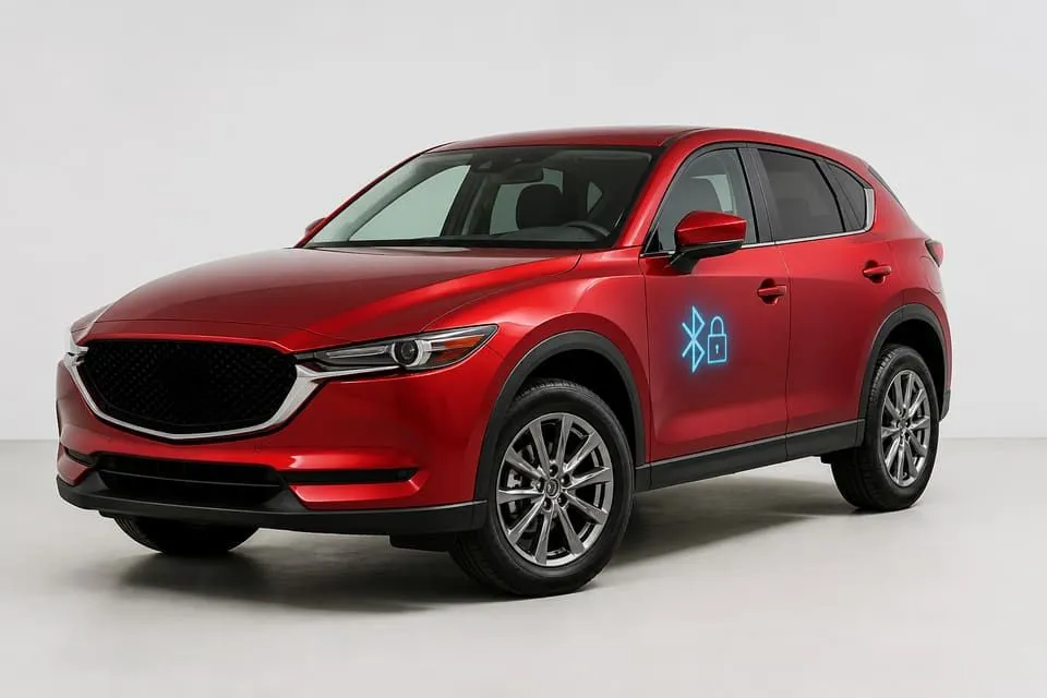 Representative Mazda-style crossover with aftermarket Bluetooth unlock risk highlighted