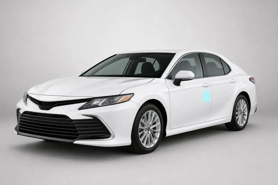 Representative Toyota-style sedan with aftermarket Bluetooth unlock risk highlighted