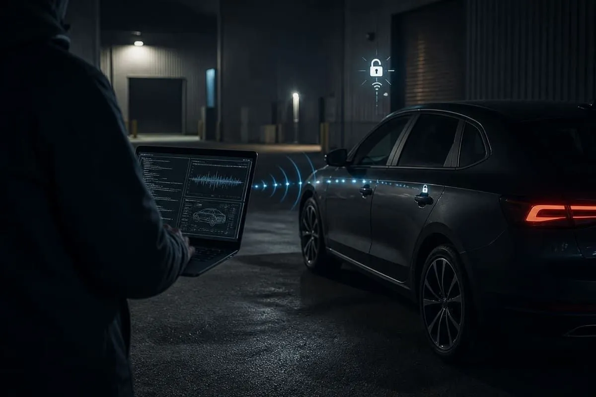 Nearby Bluetooth attacker unlocking a parked car with shared aftermarket alarm keys
