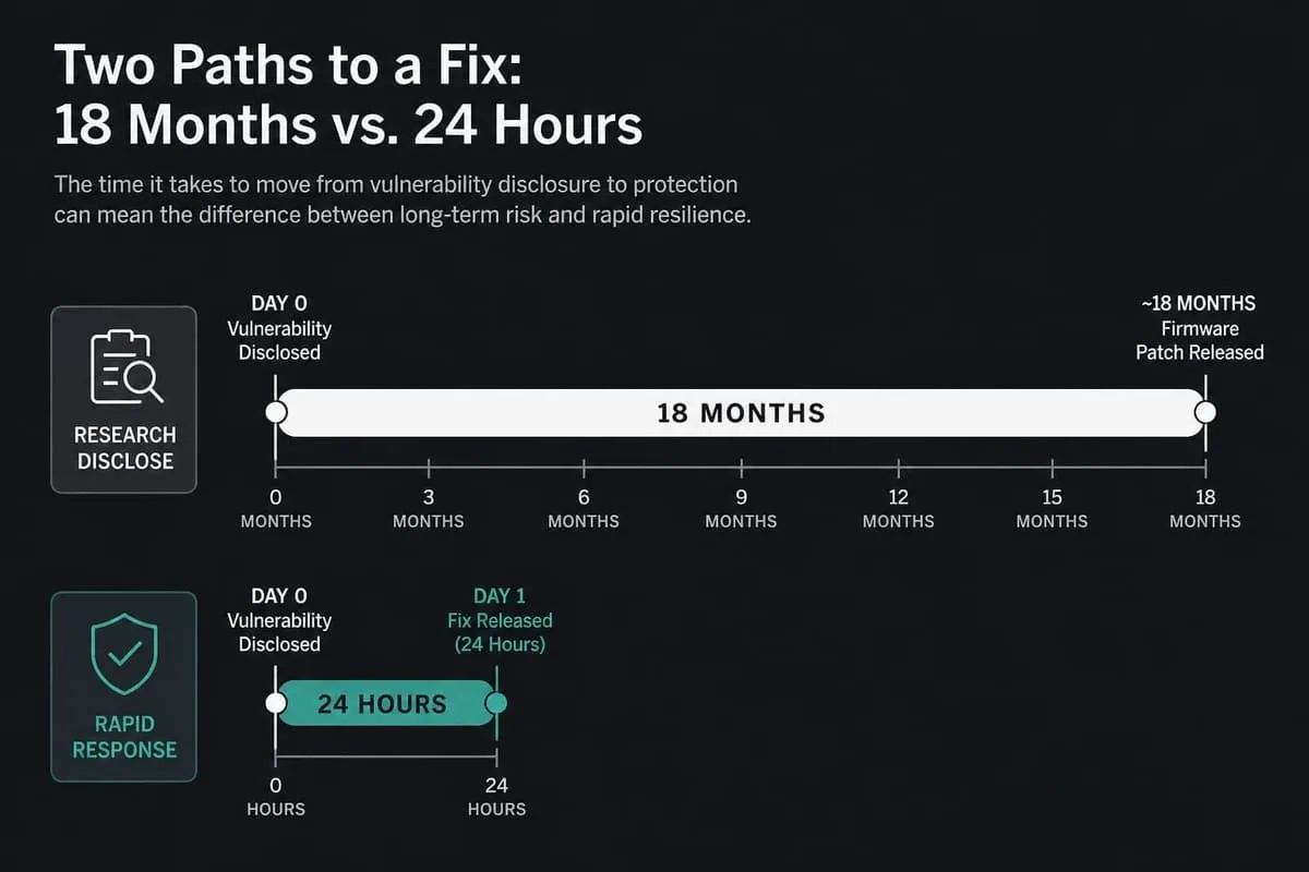 18-month firmware wait versus 24-hour OEM portal fix timeline comparison