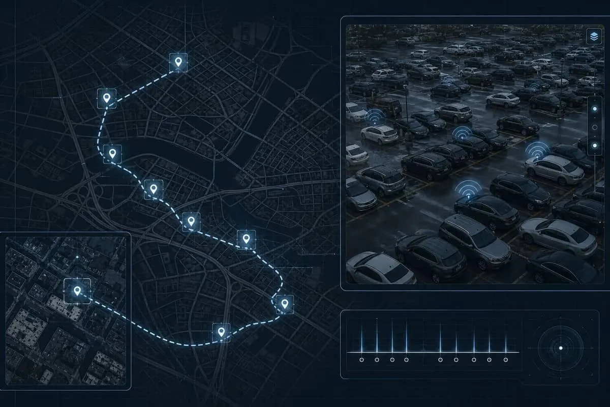 Crowdsourced radio map tracing historical parking of cars broadcasting alarm identifiers