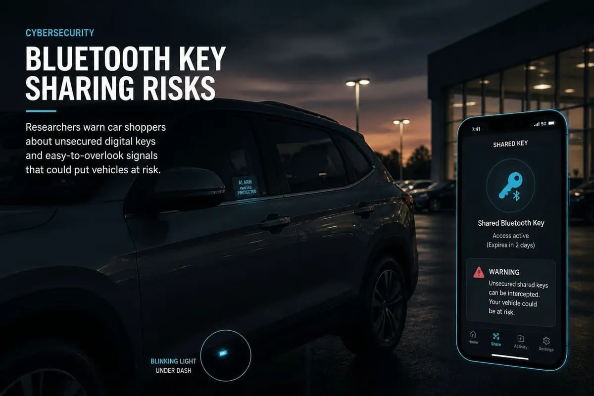 Dealership lot car with aftermarket alarm sticker and shared Bluetooth unlock risk highlighted