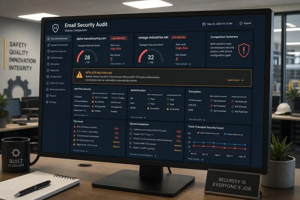 Illustration: kubotausa.com and kubota.com email security audits showing transport and identity weaknesses