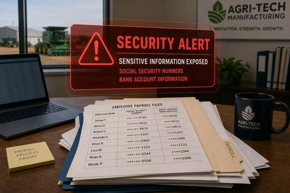 Illustration: employee SSN payroll and direct-deposit bank data exposed in Kubota HR breach