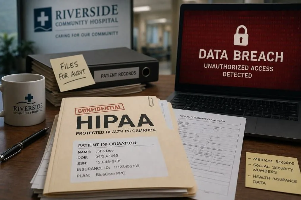 Illustration: patient SSN medical records and health insurance data exposed in rural hospital breach
