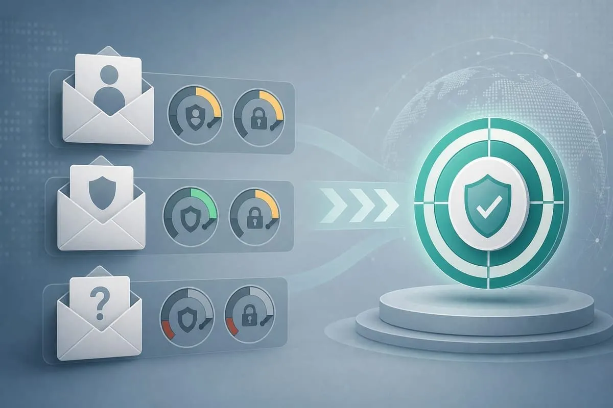 Illustration of incomplete email domain security gauges versus a 100 percent ideal target