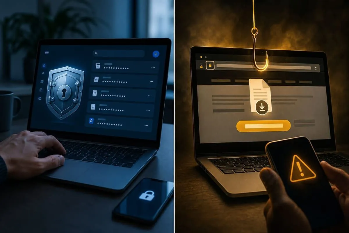 Legitimate vault app contrasted with a fake DocuSign-style compliance download page