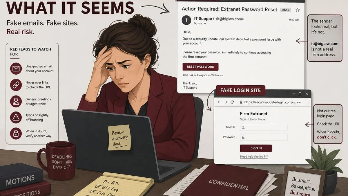 Illustration: paralegal facing a fake firm intranet reset email