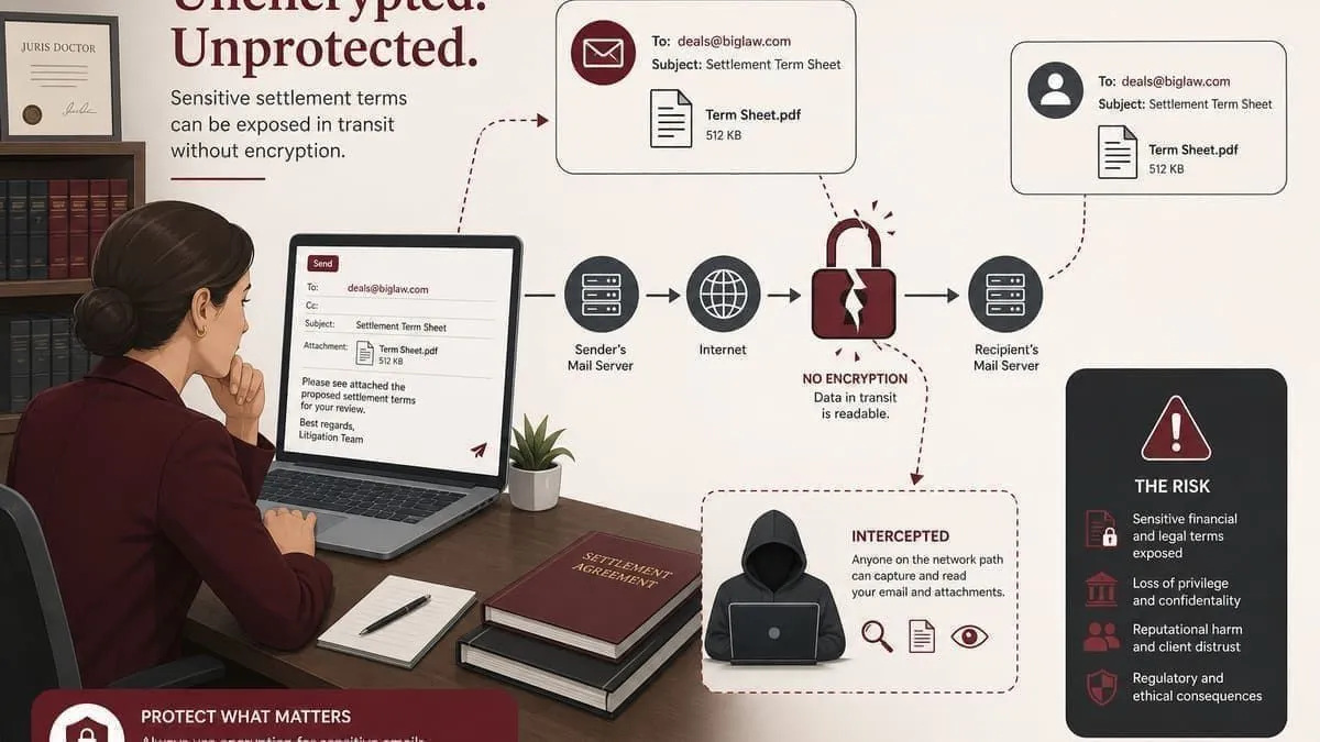 Illustration: settlement term sheet exposed on an unencrypted mail path
