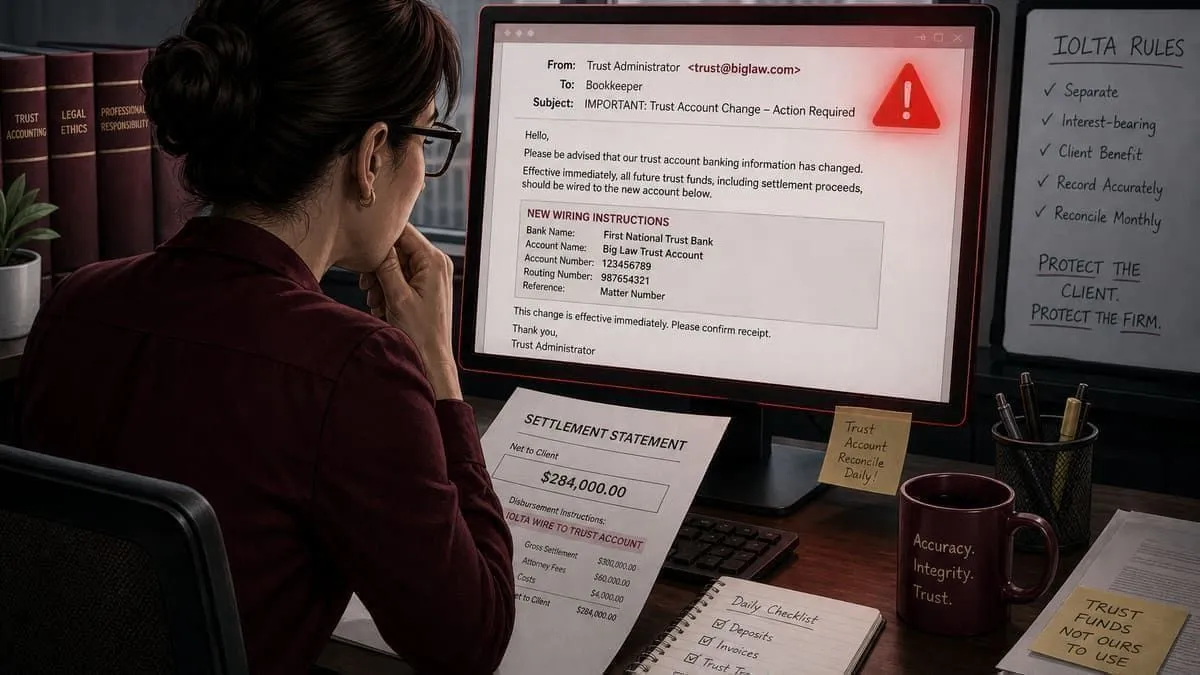 Illustration: law firm bookkeeper reviewing a spoofed trust-account change