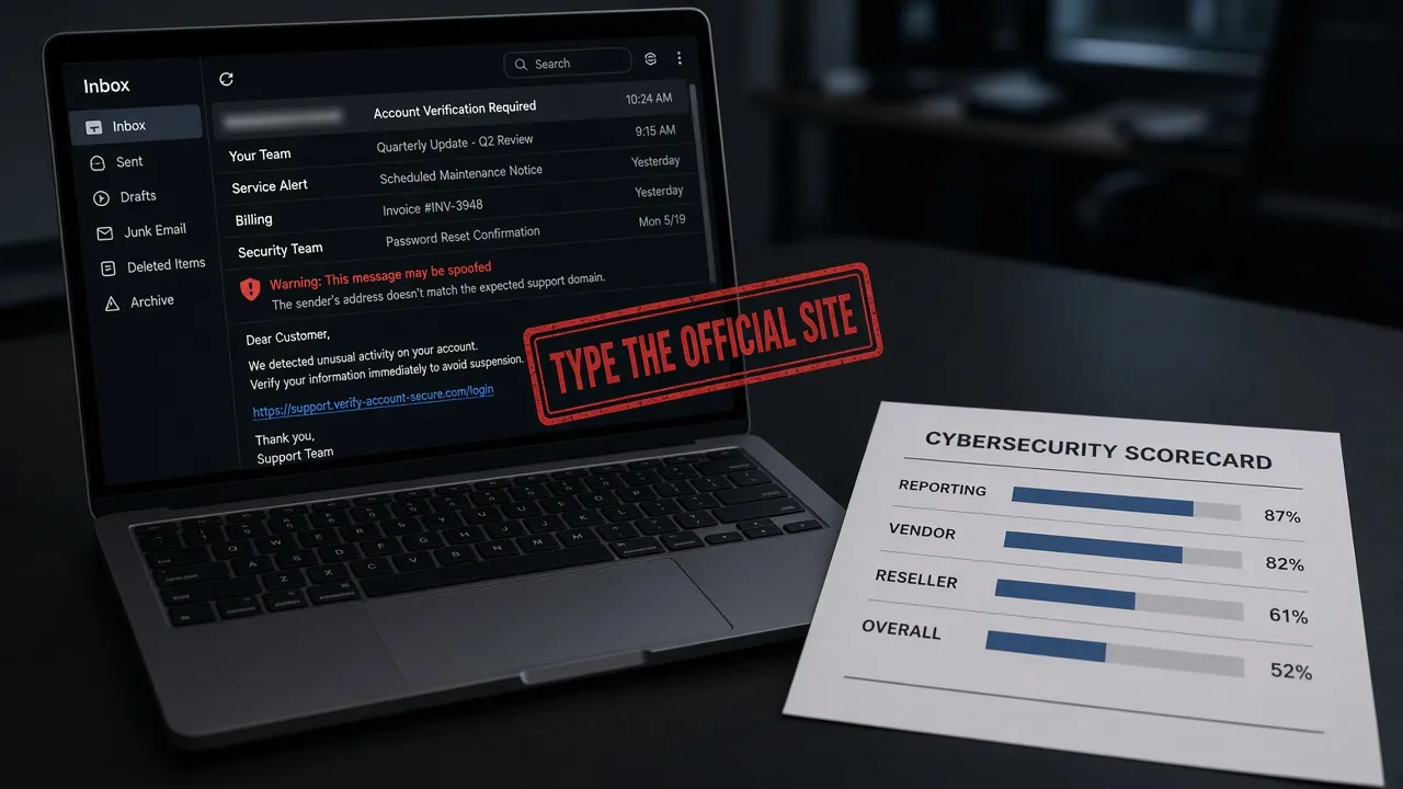 Email inbox with a spoofed support warning and a four-bar domain scorecard versus the 100 percent ideal