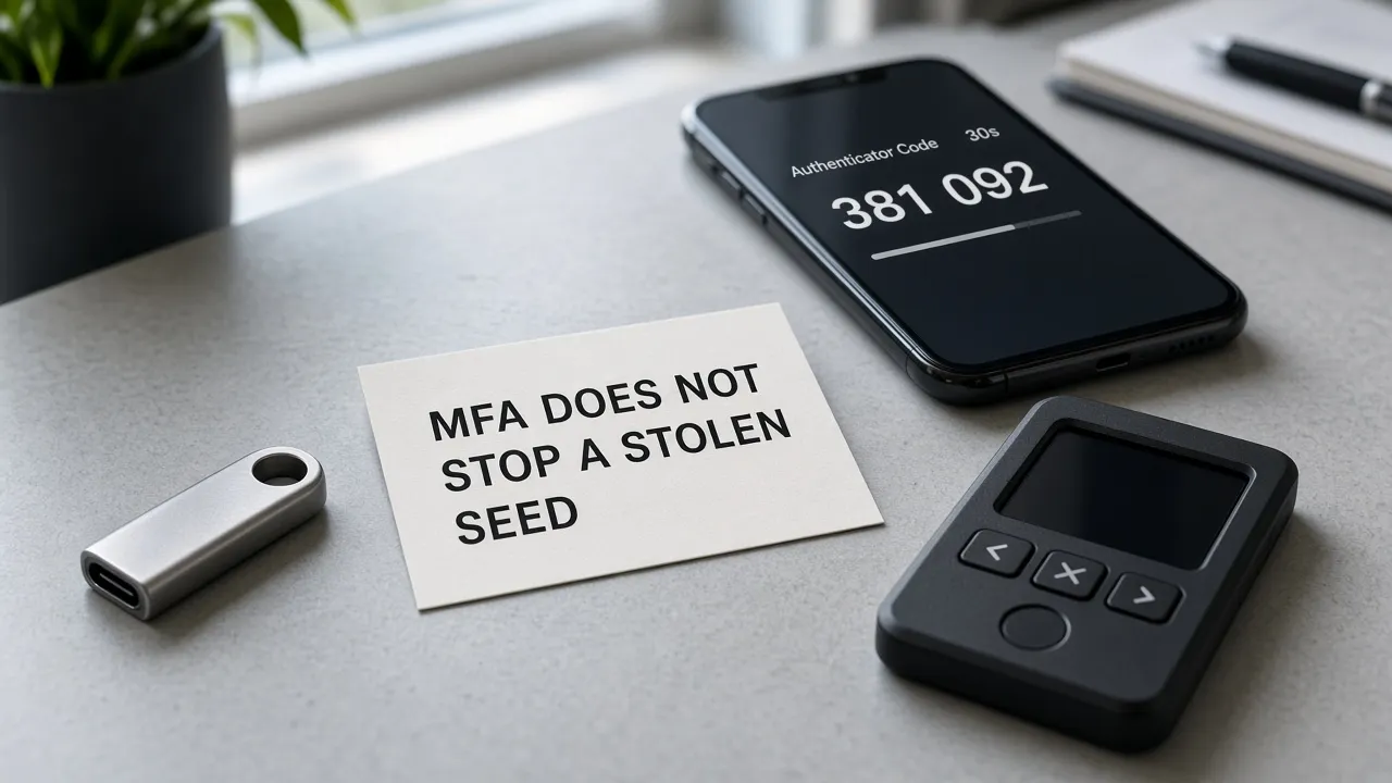 Hardware security key and phone authenticator beside a crypto signer; a card notes MFA does not stop a stolen seed