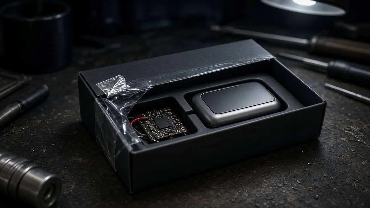 Opened hardware-wallet box on a workbench with a tamper seal peeled back and an extra circuit board in the tray