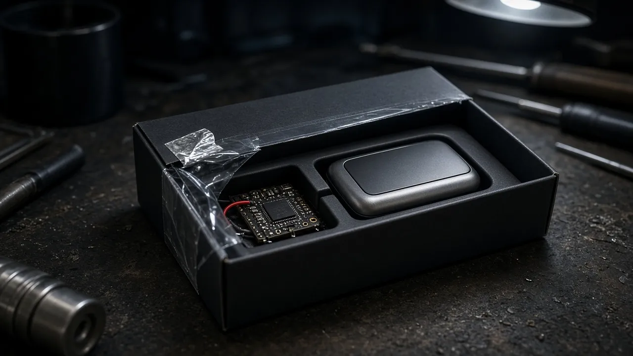 Opened hardware-wallet box on a workbench with a tamper seal peeled back and an extra circuit board in the tray