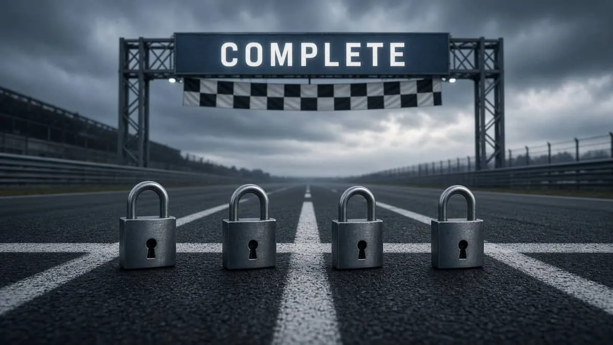Four padlocks stop short of a complete finish line, illustrating domain audits that miss the ideal score