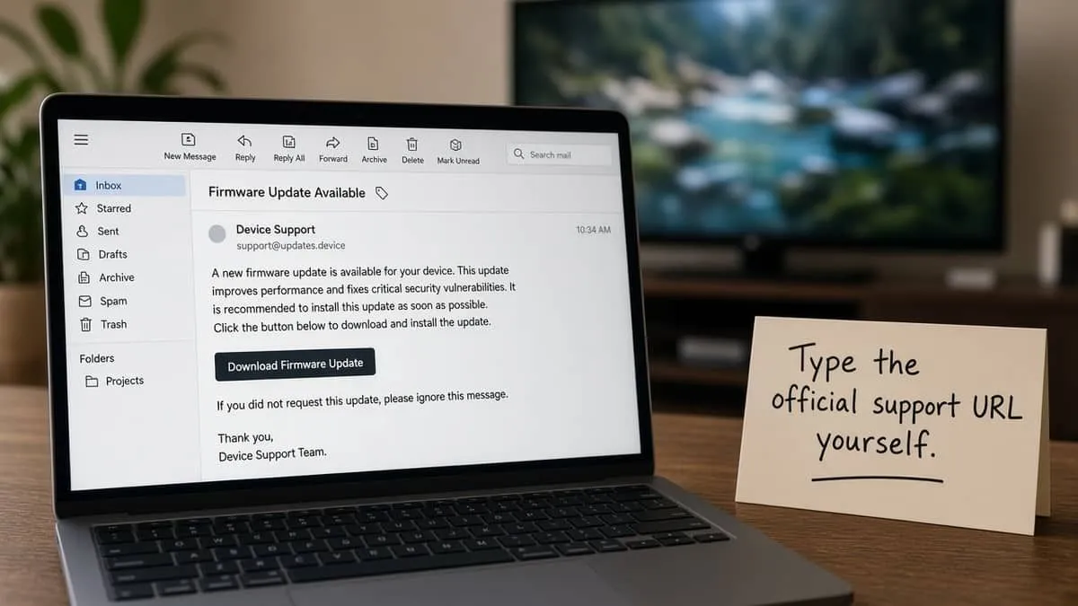 Laptop showing a generic firmware-update email beside a handwritten card that says to type the official support URL