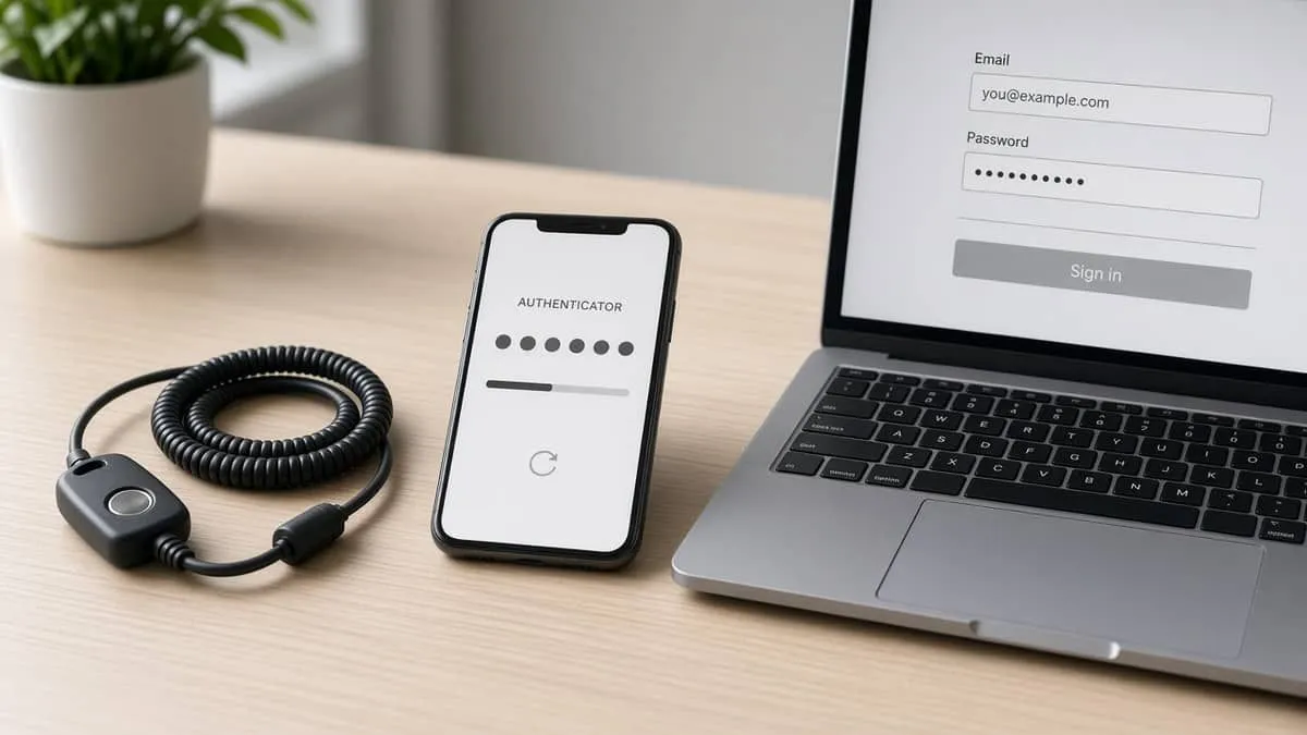 Hardware security key and phone authenticator beside a password-only email login