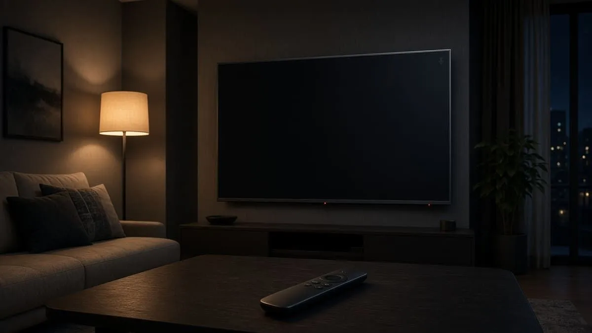 Dark living room with a standby OLED television showing a small red LED and a microphone icon on the bezel