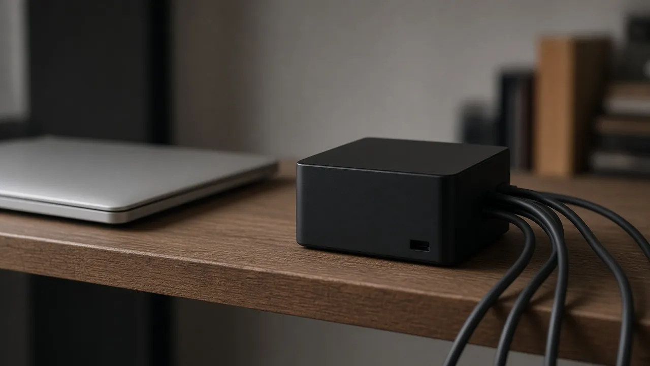 Unlabeled switch box with dark cables beside a closed laptop