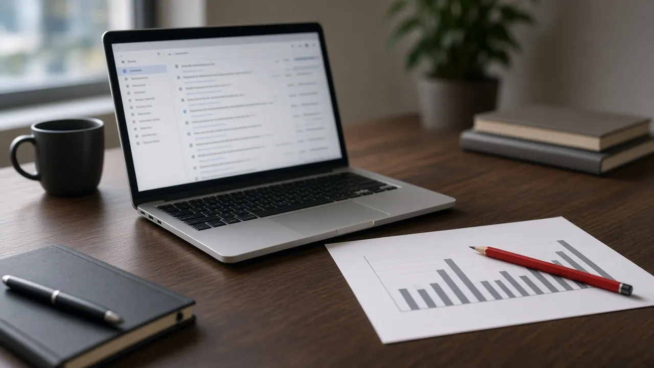 Laptop with a blurred inbox beside a page of gray bars and a red pencil