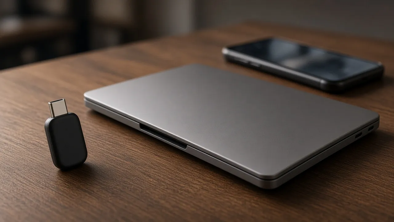 Hardware security key beside a closed laptop and a phone with a blurred screen