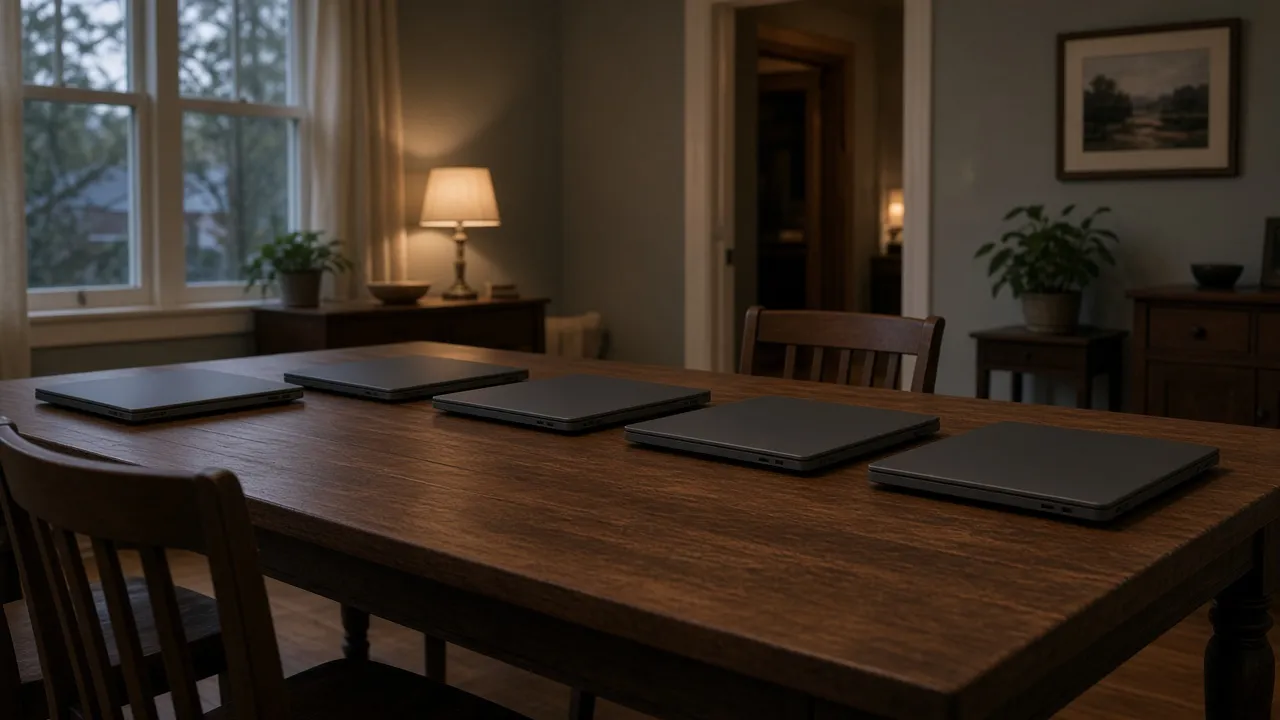 Closed laptops lined up on a dining table in a house