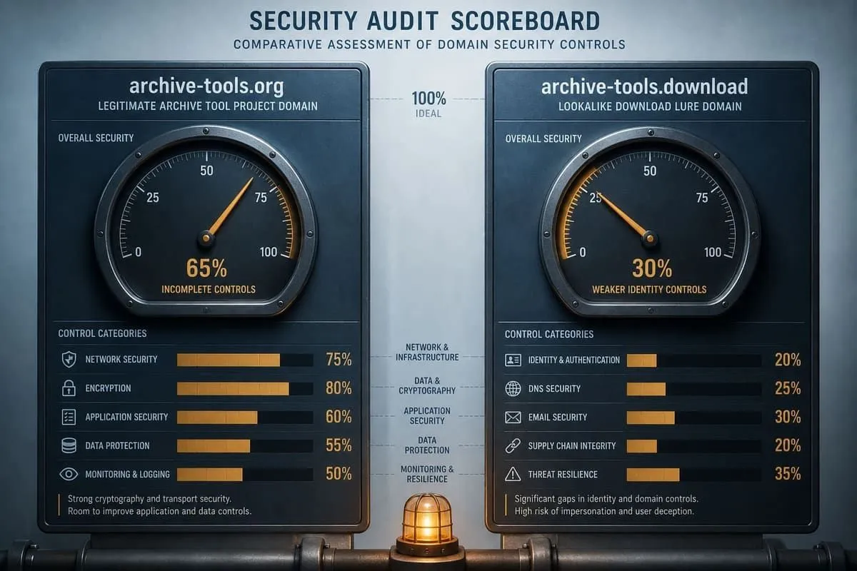 Domain security audit comparison for legitimate 7-Zip vs lookalike download domains